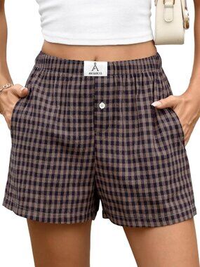 〽️Women's Boxer Shorts Deep Blue Khaki Plaid Lounge Sleep Comfort High Rise